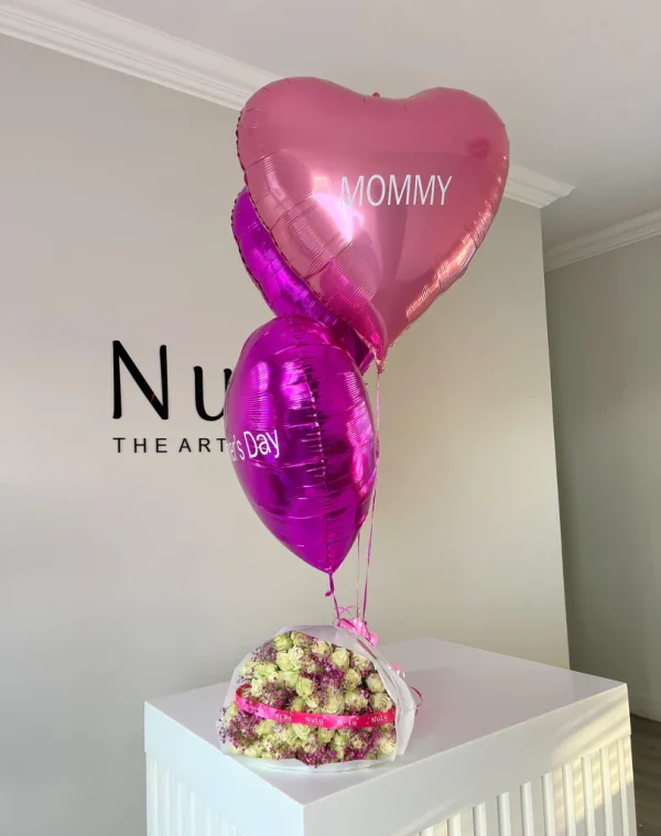 Mother's Day White Roses With Pink Gyp & Personalized balloons