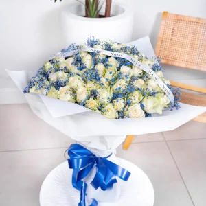 White Roses with Blue Gyp