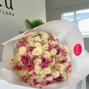 White Roses with Pink Gyp