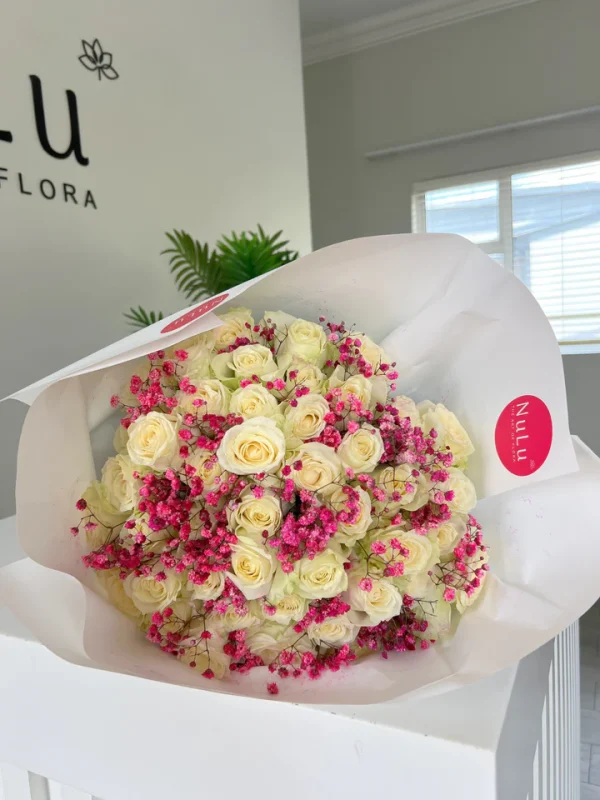White Roses with Pink Gyp